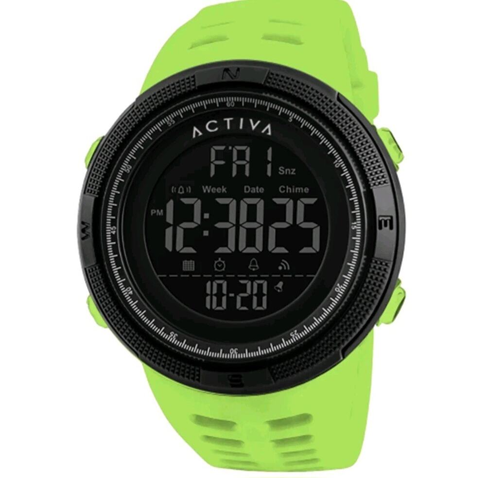 🔥ACW1915-005🔥 Activa Digital Sport Watch Black Plastic Case Green Rubber Strap